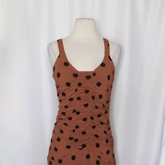 NWT!! ANTHROPOLOGIE Ruched Midi Dress Brown Black Polka Dots Party X-Small - Picture 4 of 14